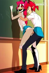 1girl against_wall ai_assisted ai_generated animal_ears anime_screencap chalkboard checkered_skirt doggy_style doggy_style_sex dripping_pussy facing_forward forced from_behind hand_on_back hand_on_neck head_turned horns looking_away looking_away_from_viewer looking_forward midriff navel no_panties official_style pale_skin petite_girl plaid_skirt ponytail pressed_against_wall red_eyes red_hair red_sclera ribbon_in_hair sex_from_behind sharp_teeth short_sleeves slit_pupils smiling standing_sex straight sunlight turned yellow_teeth