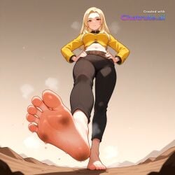 1girl ai_assisted ai_generated barefeet belt big_feet black_pants blonde_hair brown_eyes dark_skin dirty_feet from_below full_body hands_on_hips long_hair long_sleeves long_toes looking_at_viewer navel presenting_foot sole_focus standing standing_on_one_leg stinky_feet sweaty_feet twintails yellow_jacket