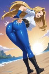 1990s 1girl ai_assisted ai_generated back_view beach big_breasts blonde_hair blue_bodysuit bodysuit bouncing_breasts building camel_toe cropped_jacket curvy dutch_angle dynamic_angle erect_nipples fingerless_gloves frieren full_body gloves grabbing_butt happy hip_focus jacket long_hair looking_at_viewer looking_back looking_behind motion_lines open_mouth purple_eyes shiny_skin smile spanking_butt standing toned_body underbutt wide_hip