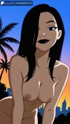 ai_generated aiuniverse56 batman_(series) batman_beyond bent_over black_eyes black_hair black_lips black_lipstick breasts cartoon dana_tan dc dc_comics hair_over_eye hair_over_one_eye hanging_breasts long_hair medium_breasts midriff naked naked_female navel nipples nude nude_female stable_diffusion upper_body