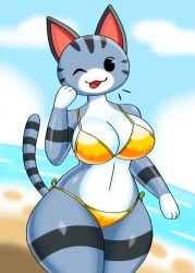 2026 animal_crossing animal_crossing_new_leaf anthro anthro_female anthro_only azure_tan bikini bikini_bottom bikini_top breasts cat_ears cat_tail catgirl commission commission_art furry furry_only golden_bikini lolly_(animal_crossing) thighs