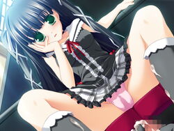 black_hair blush cameltoe clothed_female cum feet footjob footjob_with_legwear game_cg green_eyes kugenuma_ayane long_hair minna_no_uta panties pink_panties plaid sakaki_maki sockjob socks spread_legs tartan tied_hair twintails underwear upskirt