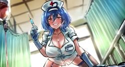 1girl 1girls absurdres ahoge big_breasts blood blood_bag blue_gloves blue_hair breasts cleavage commentary dress english_commentary female garter_straps gloves grin hair_between_eyes hat highres holding holding_syringe indie_virtual_youtuber infirmary large_breasts looking_at_viewer minster minsterpduke nurse nurse_cap nurse_uniform oumiya_emma red_eyes short_hair smile solo syringe thighhighs thighs tits virtual_youtuber vtuber white_dress