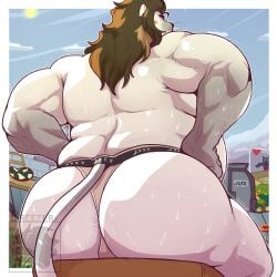 1:1 83leonce absurd_res anthro back_muscles barazoku biceps big_butt big_muscles big_pecs bodily_fluids brown_body brown_clothing brown_fur brown_mane brown_underwear butt butt_focus clothed clothing felid feline fur grey_body grey_fur hands_on_sides hi_res lion low-angle_view male mammal mane manly muscular muscular_anthro muscular_arms muscular_male muscular_thighs outside overweight overweight_anthro overweight_male pantherine pecs rear_view sitting solo summer sun sweat sweatdrop sweaty_arms sweaty_back sweaty_body sweaty_butt sweaty_legs tail thick_arms thick_thighs topless topless_anthro topless_male underwear underwear_only white_body white_fur