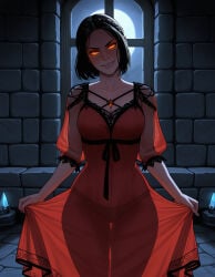 1girls ai_generated black_hair black_lips black_lipstick black_sclera female female_only light-skinned_female light_skin looking_at_viewer pale-skinned_female pale_skin serana short_hair skyrim solo solo_female tagme the_elder_scrolls vampire vampire_girl yellow_eyes