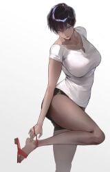 artist_name artist_request bangs bare_legs black_hair child_bearing_hips high_heels large_breasts looking_at_viewer oc original original_character sandals shoe_removed short_hair shorts simple_background t-shirt tagme tagme_(artist) thick_thighs tomboy tomboyish voluptuous voluptuous_body voluptuous_female white_background wide_hips