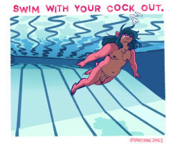 2026 anthro balls border casual_nudity chest_tuft digital_drawing_(artwork) digital_media_(artwork) english_description english_text flaccid fully_submerged genitals hair humanoid_genitalia humanoid_hands humanoid_penis kandykanejames long_hair looking_up male navel nipples nude nude_anthro nude_male penis skinny_dipping smile solo swimming swimming_pool text tuft underwater water white_border
