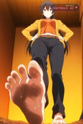 1girl ahoge ai_assisted ai_generated anime_screencap barefeet belt big_feet black_hair black_pants dark_skin dirty_feet from_below full_body hands_on_hips long_hair long_sleeves long_toes looking_at_viewer mature_female navel presenting_foot red_eyes sole_focus standing standing_on_one_leg stinky_feet sweaty_feet takanashi_touka twintails yellow_jacket