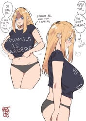 1girl absurdres aliasing artist_name bangs_pinned_back black_panties black_shirt blonde_hair blue_eyes breasts clothes_pull clothes_writing cowboy_shot cropped_legs curvy english_text folded_hair from_side glasses group_name hair_pulled_back highres huge_breasts inne_sulistya_robin legs_together long_hair looking_down midriff navel norman_maggot original panties shaded_face shirt shirt_pull short_sleeves sidelocks simple_background speech_bubble standing sweatdrop t-shirt thighs underwear white_background