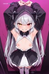 1girl absurd_res ai_assisted ai_generated black_bow black_clothing black_collar black_dress black_leggings black_sleeves demon_horns detached_sleeves devious_grin first_person_perspective flat_chest frills garter_straps grey_hair hands_above_head hard_nipples heterochromia hood_up large_breasts lilith lion_tail lustful perfect_ass pointy_ears posing_for_viewer red_eyes seductive standing tight_clothing two_side_up very_long_hair white_dress white_socks white_thighhighs yellow_eyes