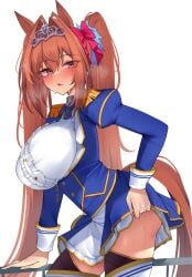 0ha brown_hair daiwa_scarlet_(umamusume) from_side large_breasts long_hair looking_at_viewer open_mouth red_eyes thick_thighs tiara twintails umamusume umamusume_pretty_derby very_long_hair xkittyzx