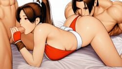 ai_generated blowjob cunnilingus fellatio king_of_fighters kof kyo_kusanagi mai_shiranui oral_sex shingo_yabuki the_king_of_fighters threesome
