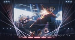 1male 2girls ai_assisted ai_generated alitonx angry banner beaten char_aznable concert crowd drone electric_chair exhausted fighting gothic_lolita happy high_kick huge_breasts kneeling microphone military_uniform moria_ruruka neon_lights night pain screen stage stage_lights wide_hips