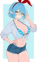 ai_generated bikini blue_striped_bikini boobs breasts denim_shorts elf elf_ears elf_female elf_girl front-tie_top keisha_callie striped_bikini tits