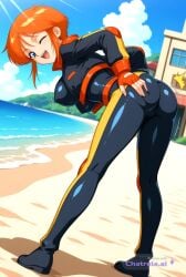 1990s 1girl ai_assisted ai_generated anime_coloring back_view beach big_breasts blue_bodysuit blue_eyes bodysuit bouncing_breasts building camel_toe cropped_jacket curvy dark_blue_eyes dutch_angle dynamic_angle erect_nipples fingerless_gloves full_body gloves grabbing_butt happy hip_focus jacket looking_at_viewer looking_back looking_behind motion_lines open_mouth orange_hair shiny_skin short_hair skin_tight smile spanking_butt standing toned_body two