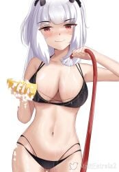 1girl 1girls absurdres bikini black_bikini blush breasts cleavage closed_mouth demon_girl demon_horns female grey_hair highres horns indie_virtual_youtuber large_breasts long_hair looking_at_viewer lucy_pyre mattestrela navel red_eyes solo sponge swimsuit tits virtual_youtuber vtuber water wet white_background