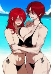 2girls ai_generated beach bikini blush embarrassed green_eyes kizirugai long_hair looking_at_viewer mother mother_and_daughter pyrrha's_mom pyrrha_nikos red_hair rwby short_hair tagme
