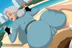1990s 1girl ai_assisted ai_generated back_view beach big_breasts blue_bodysuit bodysuit bouncing_breasts building camel_toe cropped_jacket curvy dutch_angle dynamic_angle erect_nipples fingerless_gloves full_body gloves grabbing_butt grey_hair hair_bun happy hip_focus jacket lipstick looking_at_viewer looking_back looking_behind mature_female mm motion_lines open_mouth shiny_skin smile spanking_butt standing toned_body underbutt wide_hip