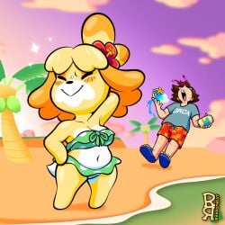 animal_crossing anthro arm_behind_head breasts dog eyes_closed female flower_in_hair human isabelle_(animal_crossing) male nintendo nosebleed slightly_chubby sparkles swimwear video_games wide_hips wrandomwriot