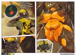 absurd_res alien anthro belly big_belly big_breasts big_butt bodily_fluids breasts butt charger_(helldivers) comic danmateostudios dialogue english_text female genitals helldiver helldivers hi_res huge_breasts huge_butt huge_hips mature_female nipples overweight terminid text thick_thighs vulva wide_hips