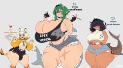 1boy 1femboy 2026 2girls 2girls1boy becka_(taigerarts) big_breasts big_thighs blue_eyes blue_fingernails blush blushing bottom_heavy bottom_heavy_femboy bulge bulge_through_clothing choker clothed denim_shorts ebi_(taigerarts) eyes_covered fingerless_gloves fingernails fins flat_chest flat_chested flat_chested_femboy freckles freckles_on_ass freckles_on_face green_hair hair_over_eyes ketsu_(taigerarts) multiple_girls muscular muscular_female no_background no_bra purple_eyes scar scars scars_all_over shark shark_girl shark_tail shark_teeth sharp_teeth shorts shrimp shrimp_humanoid shrimp_tail smile tagme taigerarts tan tan_body tan_skin thong twitter white_hair