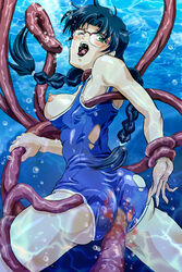 blood censored glasses green_eyes highres inma_seiden lolita_channel rape shin_seiki_inma_seiden swimsuit tentacle tentacles_under_clothes underwater virgin virginal_blood