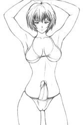 armpits bikini dusty_heaven erection futanari intersex large_breasts monochrome neon_genesis_evangelion penis rei_ayanami solo_futa straight_hair swimsuit uncensored