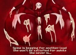absurd_res anus bared_teeth big_butt bodily_fluids bone breasts butt claws clenched_teeth cum cum_drip cum_in_ass cum_in_mouth cum_in_vagina cum_inside cum_on_face dangling_eyeball digit_ring dripping english_text excessive_cum excessive_genital_fluids exposed_bone exposed_muscle exposed_skull eye_socket eyelashes eyeshadow female from_front_position genital_fluids genitals gore grabbing_both_legs grotesque heart_symbol hi_res huge_butt humanoid jewelry leg_grab legs_up look_outside looking_at_viewer lying makeup mascara mating_press monster monster_girl_(genre) multi_arm multi_limb multi_teeth narrowed_eyes not_furry on_back plump_labia presenting presenting_anus red_body ring running_makeup running_mascara scaroused sex sharp_teeth skull skull_head solo spine_(look_outside) spread_butt spreading sweat teeth teratophilia text voidbeerfloat vulva wedding_ring