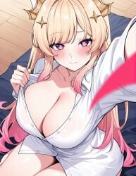 1girls ai_generated big_breasts blush breasts chromevt embarrassed female female_only fogine latam_virtual_youtuber virtual_youtuber vtuber white_shirt