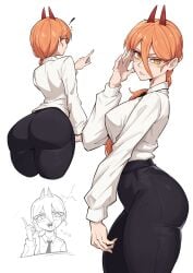arched_back ass ass_focus big_ass big_breasts big_butt big_thighs breasts bubble_ass bubble_butt chainsaw_man dat_ass glasses high_waisted_pants horns jeans looking_at_viewer ponytail power_(chainsaw_man) shirt side_view small_waist thick_thighs tight_clothes tight_clothing tight_fit wide_hips