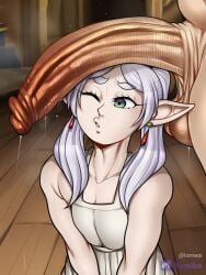 ai_generated big_penis elf elf_ears elf_female frieren frieren_beyond_journey's_end huge_cock imminent_sex lameai long_penis penis_on_head pursed_lips sousou_no_frieren white_hair wink