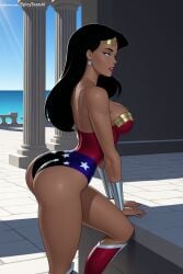 1girl ai_generated ass bare_shoulders black_hair blue_eyes boots breasts dark_skin dc earrings hi_res high_quality high_resolution jewelry knee_boots leotard lips long_hair makeup pantyhose patreon seductive sexy solo spicytoonai star_print strapless strapless_leotard thighs uncensored watermark wonder_woman