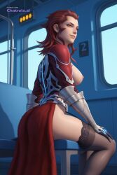 1girl ai_assisted ai_generated armor bent_over big_breasts big_butt blushing bodysuit boobs_out from_behind from_below fur_cape gauntlets gloves legs_crossed legs_spread masturbating no_panties panties_around_ankle people_watching red_eyes red_hair sitting squirting thighhighs wide_hips