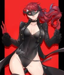2019 2d 2d_(artwork) atlus black_clothing kasumi_yoshizawa persona persona_5 persona_5_royal red_background red_eyes red_hair sea_of_eden standing sumire_yoshizawa sumire_yoshizawa_(violet) tusia
