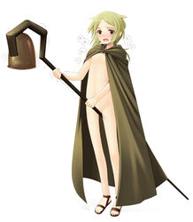 1girls blush cloak crotch_rub dripping female flat_chest fujishiro_touma hooded_cloak masturbation naked_cloak nipples nora_arento open_mouth pussy pussy_juice pussy_juice_drip sandals solo spice_and_wolf staff wavy_mouth