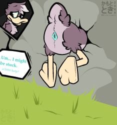 ambiguous_anthro ambiguous_gender anatid animal_genitalia anseriform anthro artist_name asking asking_for_help avian avian_butt beak bird black_outline blue_cloaca blue_eyes brown_body brown_feathers butt cloaca cutaway duck ellipsis english_text feather_tuft feathers genitals grass head_tuft kamoto_vivi looking_back narrowed_eyes nude_ambiguous nude_anthro open_beak open_mouth outline plant raised_tail solo speech_bubble stuck tail tail_feathers text through_wall tuft viveka_(kamoto_vivi) yellow_beak yellow_body
