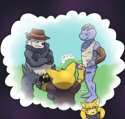 abra accessory argon_vile arm_wraps balls bodily_fluids clothing comparing comparing_penis english_text equation eyewear fan_character generation_1_pokemon generation_6_pokemon genitals glasses hat headgear headwear hi_res machoke male male/male necktie nintendo pangoro penis pokemon pokemon_(species) sweat text thought_bubble touching_penis wraps