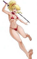 1girl bare_shoulders bikini bleach blonde_hair breasts brown_eyes feet female_focus full_body hands_up holding holding_sword large_breasts naru_jurinna navel open_mouth outdoors ponytail red_bikini scrunchie sky solo_focus swimsuit sword tagme teeth third-party_edit tongue upper_teeth_only v white_background wide_sleeves zanpakutou