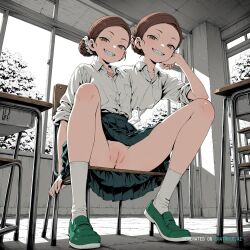 1girl ai_assisted ai_generated beautiful brown_eyes brown_hair day dress full_body general grayscale green_shoes grin hair_bun high_contrast highres indoors looking_at_viewer no_nose outdoors perfect_anatomy persona_3 pleated_skirt pussy rolled_up_sleeves school school_uniform sharp_teeth short_hair short_sleeves sitting_on_chair slit_pupils smug socks solo uniform upskirt_view white_shirt