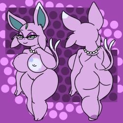 1:1 2023 anthro asymmetrical_coloring averee_the_espeon big_breasts big_butt biped breasts bubble_butt butt dotted_background eeveelution espeon eyelashes eyeshadow eyewear female forehead_gem fur gem generation_2_pokemon genitals glasses heterochromatic_nipples hi_res huge_breasts inner_ear_fluff jewelry kutnerak long_eyelashes makeup markings model_sheet mole_(marking) mole_on_breast multiple_images necklace nintendo nipples nude nude_female pattern_background pearl_(gem) pearl_necklace pink_body pink_fur pokemon pokemon_(species) pokemorph portrait rear_view simple_background smile solo three-quarter_portrait tuft voluptuous_anthro voluptuous_female vulva wearing_glasses white_nipples wide_hips
