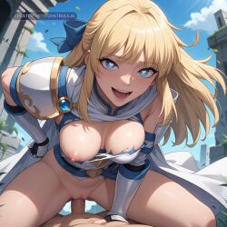 1girl ai_assisted ai_generated armor big_ass blonde_hair blue_eyes bouncing_breasts bra_down breastplate detailed_face doggy_style faulds fucked_into_submission fucked_silly gauntlets hair_bow heart_eyes heart_shaped_pupils long_hair looking_at_viewer outdoors pov ruins seductive_look seductive_smile shoulder_armor source_anime thicc_ass thicc_thighs torn_clothes vaginal_sex wants_to_fuck white_cape wide_hips