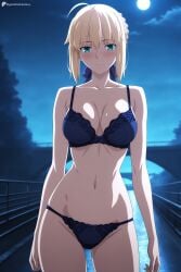 1girl ahoge ai_generated alternate_breast_size ass_visible_through_thighs bare_shoulders black_panties blonde_hair blue_bra blue_panties blue_ribbon blush bra braid breasts bridge cleavage closed_mouth collarbone cowboy_shot digitalwaifugallery fate_(series) french_braid full_moon green_eyes hair_bun hair_ribbon hi_res high_quality high_resolution large_breasts lingerie looking_at_viewer medium_breasts moon navel night night_sky outdoors panties patreon ribbon saber seductive sexy sky solo standing stomach thighs uncensored underwear underwear_only watermark