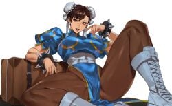 2d 2d_(artwork) asian asian_female bangs boots brown_hair chignon child_bearing_hips chun-li costume enargeia enargeia5525 hair_ornament hair_ribbon hourglass_figure hourglass_figured_female inner_thighs large_breasts large_thighs lying_back martial_arts_uniform mature_body mature_female mature_woman milf pantyhose skirt slim_waist spiked_bracelet spread_legs street_fighter street_fighter_6 thick_ass thick_thighs tied_hair video_game_character wide_hips
