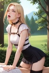 1girl ai_assisted ai_generated black_eyeshadow cock_in_pussy collar cowgirl creampie depth_of_field earrings embarrassed harness inside korean leaning_forward moaning outside parted_bangs photorealistic pink_lips portrait pussy_sex rolling_eyes saliva shaking side_view skirt solo stockings tree white_shirt wink