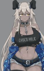 1girl alternate_costume arbiter_strength_viii_(azur_lane) azur_lane bare_shoulders belt black_belt black_tank_top blue_shorts blush breasts casual chain chain_between_breasts cleavage collar commentary crop_top cropped_shirt dark-skinned_female dark_skin english_text facing_viewer frown gauntlets grey_hair hair_between_eyes highres hip_focus jaggi_95 large_breasts long_hair looking_to_the_side micro_shorts midriff navel print_tank_top scar shorts siren_(azur_lane) solo tank_top thigh_gap thighs torn_clothes torn_shorts torn_tank_top very_long_hair yellow_eyes