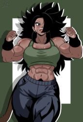 abs black_hair boobs breasts bush bushy_pubes clothed dark-skinned_female dark_skin dragon_ball dragon_ball_super dragon_ball_z flexing flexing_arms muscular muscular_female original_character pubic_hair pubic_hair_peek saiyan saiyan_female saiyan_tail tits