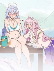 2girls ahoge big_breasts bikini blue_eyes blue_hair blush breasts cleavage commentary convenient_hair cyrene_(demiurge)_(honkai:_star_rail) cyrene_(honkai:_star_rail) english_commentary female_pubic_hair fins halo head_fins head_wings highres honkai:_star_rail honkai_(series) huge_breasts jewelry large_breasts mermaid_costume mountain mountainous_horizon multicolored_hair multiple_girls navel necklace official_alternate_costume perry_the_platypus phineas_and_ferb pink_hair platypus pubes pubic_hair robin_(honkai:_star_rail) robin_(summeretto)_(honkai:_star_rail) sitting stomach swimsuit topless_female two-tone_hair white_bikini white_hair white_wings wings yuri