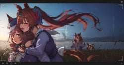 4girls ai_assisted ai_generated alitonx arm_around_neck camera camera_ui cloud cthulhu curvy cygames daiwa_scarlet_(umamusume) dusk exhausted floating_hair grass_field happy hiding holding_camera horizon hug hug_from_behind landscape matikane_tannhauser_(umamusume) peeking sea sweatdrop tail tokai_teio_(umamusume) tower tracen_school_uniform umamusume vodka_(umamusume) walking wheat wind