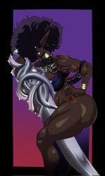 1girls 2d 2d_(artwork) african african_female afro bahaal_(jinn_hunter) biceps black_hair black_hair_female curvy_figure curvy_hips dark_skin dark_skinned_female digital_drawing_(artwork) digital_media_(artwork) female female_focus female_only giant_sword hand_on_hip human human_female human_only jinn_hunter large_weapon mertius muscular muscular_female muslim muslim_female pointy_ears purple_eyes purple_eyes_female shiny_skin smile smiling smiling_at_viewer solo solo_female solo_focus somali sword thick_ass thick_thighs weapon