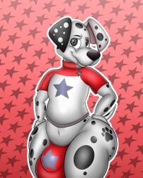 101_dalmatian_street 101_dalmatians absurd_res anthro bulge canid canine canis dalmatian disney domestic_dog dylan_(101_dalmatians) floppy_ears grey_eyes hi_res male mammal rannfurryartist red_background simple_background solo spots white_body